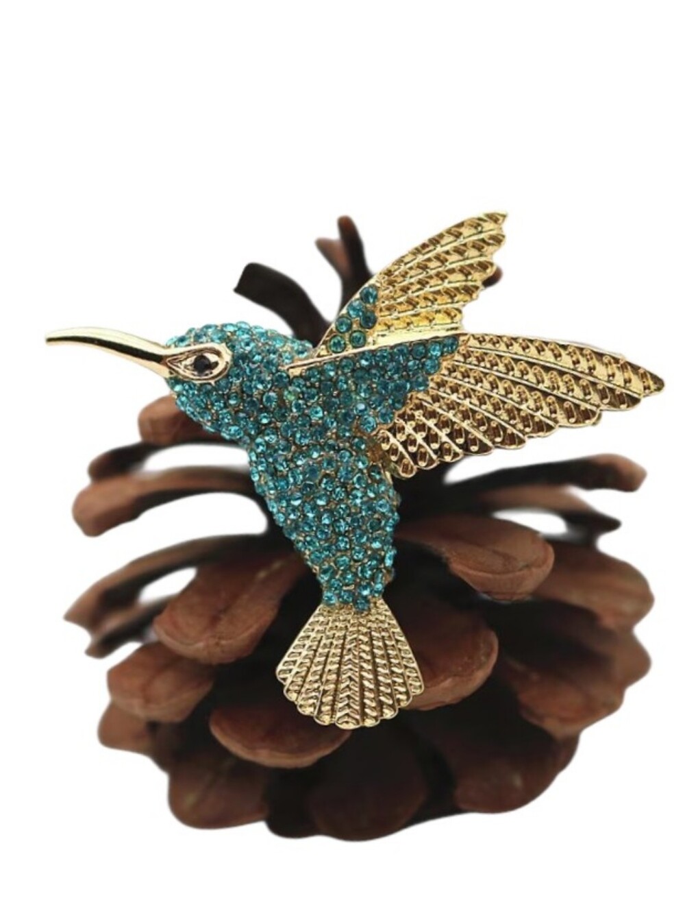 Vintage Gold & Turquoise Hummingbird Crystal Brooch - Brand